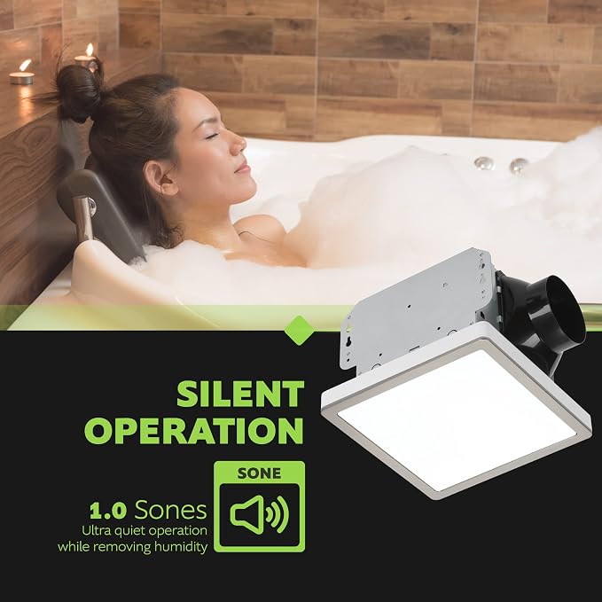 Homewerks 7105-10 Bathroom Fan Integrated LED Light Ceiling Mount Exhaust Ventilation Ultra Quiet 1.0 Sones 70 CFM, Decorative Brushed Nickel Magnetic Trim