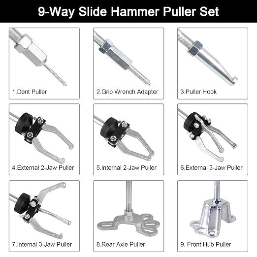 DAYUAN 9-Way Slide Hammer Puller Set, Tech Rear Axle Bearing Puller Tool | Slide Hammer Puller Set, Internal & External 2/3 Jaw Pullers, Removes Bearings Gears Hubs & Rear Axles, Case