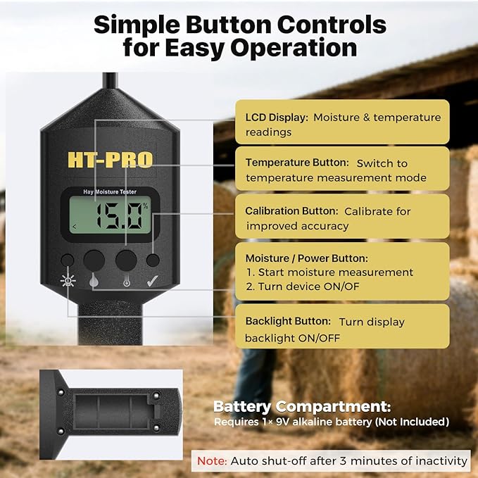 Hay Moisture Tester with 20" Probe, Moisture & Temperature Meter for Round and Square Hay Bales, Fast Backlit Readings, Calibration Clip Included, Black