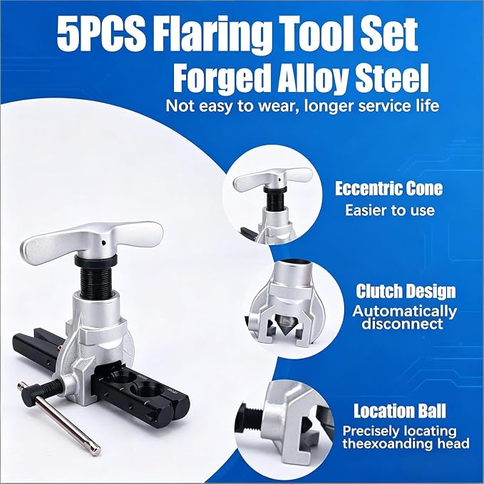 Flaring Tool HVAC & Brake Line Flaring Tool Kit – 45° Eccentric Flaring Set for 6-19mm & 1/4"-3/4" Pipes w/Cutter, Deburring, Hard Case.