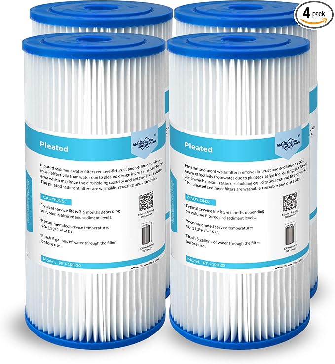 Membrane Solutions 20 Micron Pleated Water Filter Home 10"x4.5" Whole House Heavy Duty Sediment Replacement Cartridge Compatible with ECP10-1,ECP20-BB,R50-BBSA,FXHSC,CB1-SED10-BB (4 Pack)