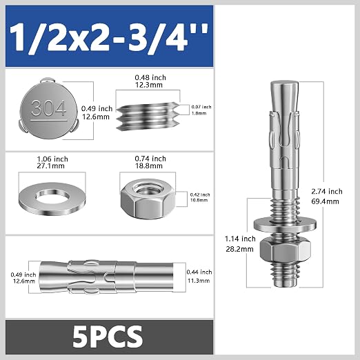 Wensilon 5Pcs 1/2x2-3/4 Inch Standard Fasteners for Heavy-Duty 304 Stainless Steel Wedge Anchors for Cement and Concrete