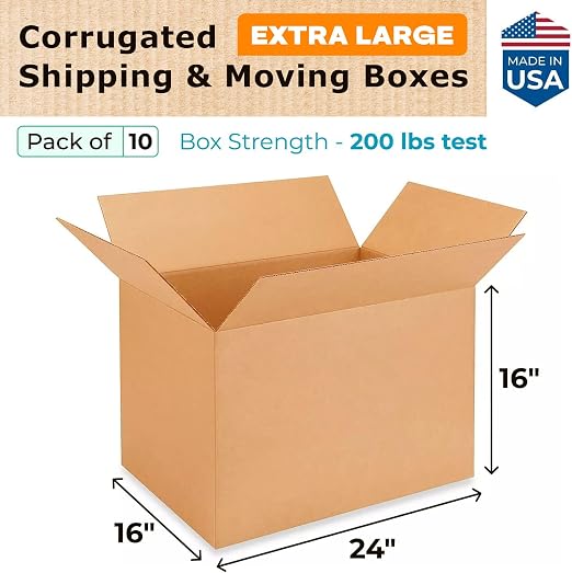 Extra Large Shipping & Moving Boxes 24x16x16 inches (10-Pack) - Extra Strength 200 lb vs Regular - USA-Made Corrugated Cardboard Boxes - Moving Supplies Box - Large Moving Box by IDL Packaging