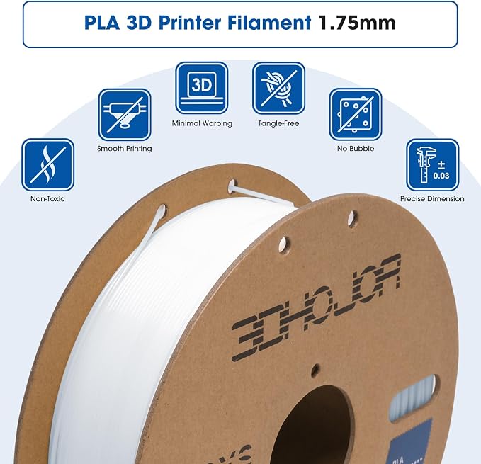 3DHoJor PLA Filament 1.75mm,3D Printing Filament,1kg*2 Cardboard Spool, Fit Most FDM 3D Printer,Dimensional Accuracy +/- 0.03 mm,Vacuum Packaging-2Pack Cold White