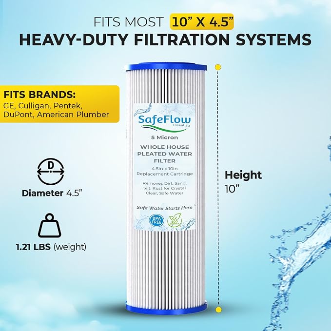10" x 4.5" 5 Micron Whole House Pleated Sediment Filter for Well Water – Replacement Cartridge for GE FXHSC, Culligan R50-BBSA, Pentek R50-BB, DuPont WFHDC3001, W50PEHD, GXWH40L (10 x 4.5in, 2, Count)