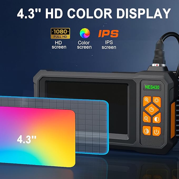 Endoscope Camera with Light, 1920P HD Borescope Inspection Camera with 4.3" IPS Screen, IP67 Waterproof with 8 LEDs & 16.5ft Semi-Rigid Snake Camera for Automotive Pipe Tools Gadgets for Men