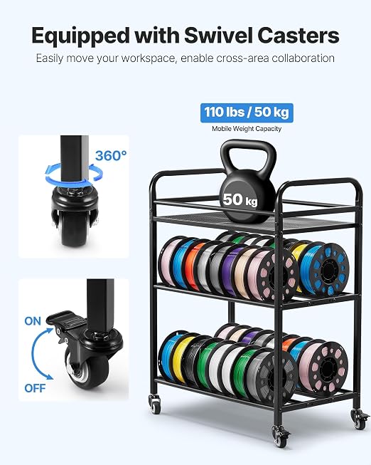 VEVOR 3D Printer Filament Storage Rack, 4 Tier Heavy Duty Storage Shelf, Rolling Filament Spool Holders Racks with Wheels, Filaments Organzied for 3D Printing Station, Office, Workshop (Shelf Only)