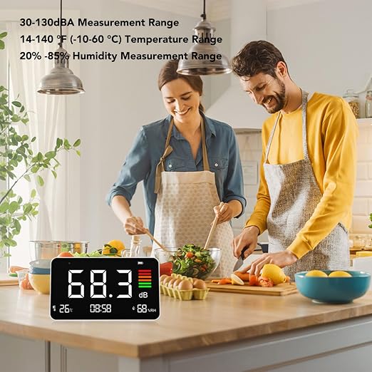 3 in 1 Decibel Meter Sound Level Meter 30-130 dBA with LED Display Temperature and Humidity Detector for Classroom Studio Home