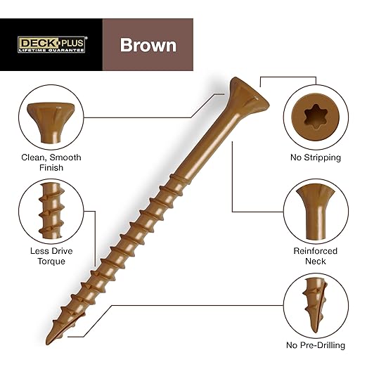 Deck Plus 4 Inch Epoxy Coated Exterior Wood and Fence Screws #10 x 4 Torx/Star Drive Included Coarse Thread, Outdoor Rust Resistant Decking Screw, Brown, 5 lb Box, 215 Pieces | 49014