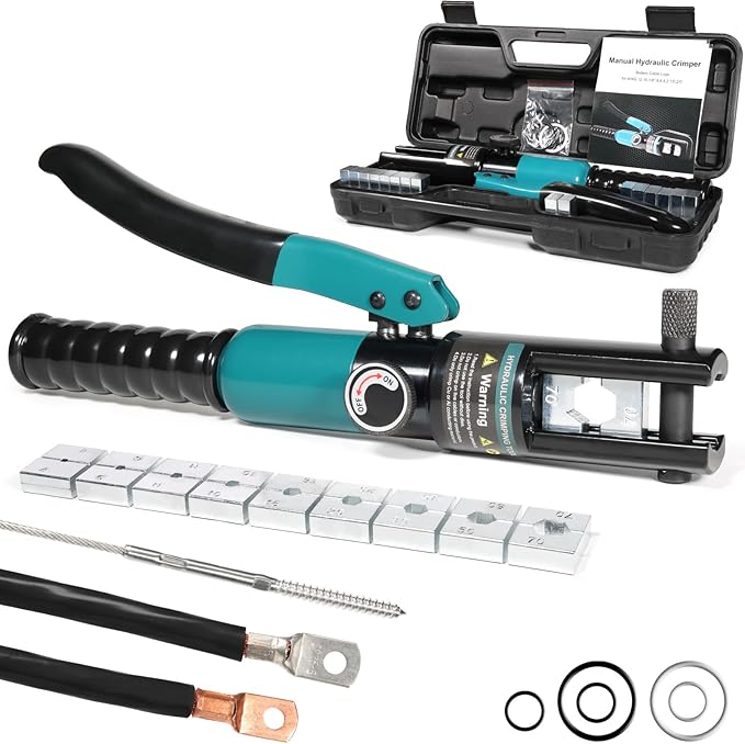 Brileine 10-Ton Hydraulic Crimping Tool with 9 Dies - Battery Cable Crimper Tool & Wire Rope Crimping Tool for 12 AWG to 2/0 AWG, 1/16" 1/8" 3/16" Stainless Steel Cable Railing Tool, Hydraulic Crimper