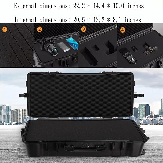 22" L x 14" W x 9" H Large Hard Case with Foam, Portable Rolling Hard Case with Wheels, Waterproof Shockproof Dustproof, Suitable for Cameras, Lenses, Camcorder, Instrument, Telescopes