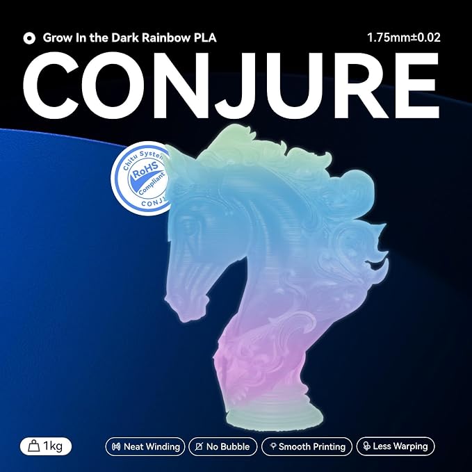 Conjure Glow in the Dark PLA 3D Printer Filament,Change White to Rainbow Multicolor PLA Filament 1.75mm 1KG/2.2LB Filament Works for Most 3D Printer