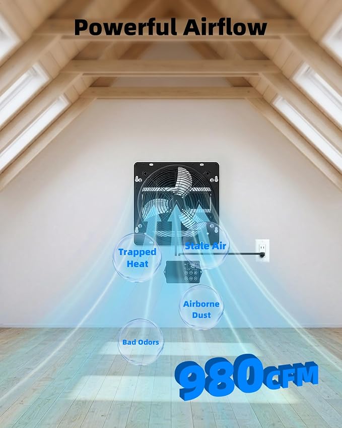 Upgraded 12" Shutter Exhaust Fan with Thermostat & Remote, 980 CFM High-Speed Wall Mounted Attic Vent Fan with Thermostat, Quiet Cooling Ventilation for Garage, Greenhouse, Chicken Coop