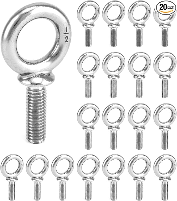 QWORK Eye Bolt, 20 Pack 1/2" -13 x 1-1/2" Marine Grade Stainless Steel Lifting Ring Threaded Eyebolt Machinery Shoulder Eyebolts