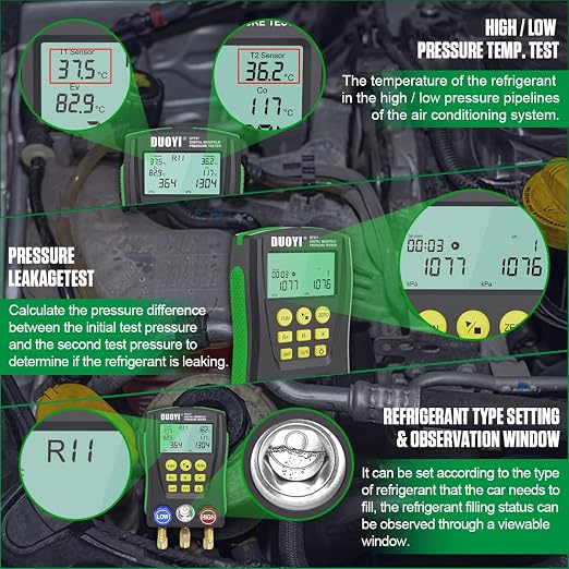 Digital Manifold Gauge Set Air Conditioning/Refrigerator Digital HVAC Gauges Double Pressure&Temp Test Air Conditioning Tools & Equipment Manifold HVAC with Tricolor Hose, 2 Pairs of Test Clamps