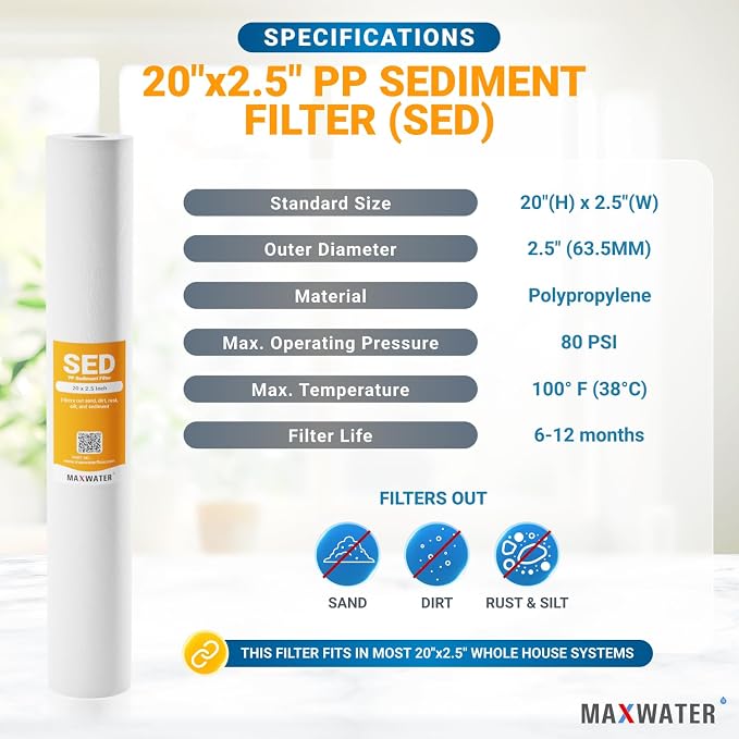 Max Water 1 Micron 20 x 2.5 Whole House Sediment Water Filter Melt-Blown Polypropylene Replacement Cartridge SDC-25-2001 P1-20 155304-43, 25 - Pack