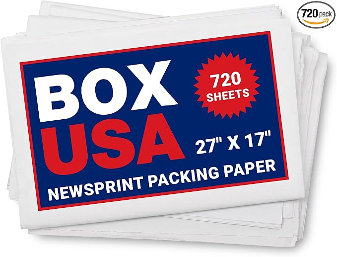 BOX USA Packing Paper Sheets 27" x 17" (720 Sheets, 20 lb) - Newsprint Paper for Shipping, Storage and Moving Supplies, White