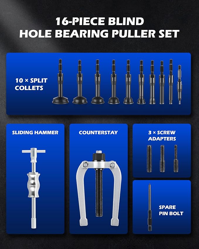 Orion Motor Tech Blind Hole Collet Bearing Race and Seal Puller Extractor Kit, Slide Hammer Pilot Insert Inner Internal Bearing Removal Tool Set, 16PCS