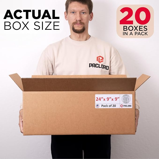 Long Cardboard Boxes 24"L x 9"W x 9"H (Pack of 20) - USA-Made Packing Boxes for Moving, Shipping, or Storage - USPS, UPS, FedEx Approved - Professional Packing Supplies for Moving | USA-Made Packing Boxes for Moving, Shipping, or Storage - USPS, UPS, F...