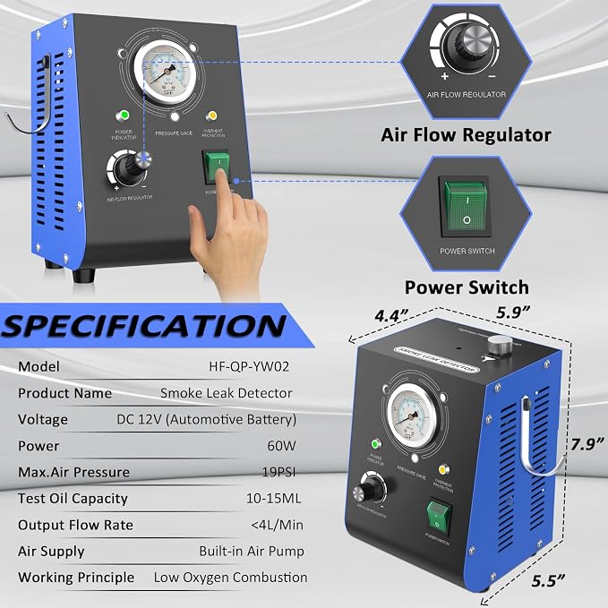Automotive Smoke Machine Leak Detector Built in Air Pump, EVAP Automotive Smoke Tester with Adjustable Pressure Gauge for Vacuum Leaks, Smoke Tester Automotive for DC 12V Vehicle Pipe Systems