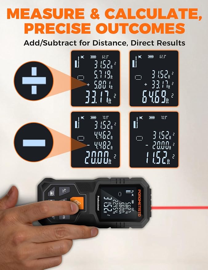 Laser Measure Tool (262ft/80m, ±2mm) with Tripod Mount and Angle Sensor | POROMETISTO 12 Modes（ Angle, Area, Volume, Pythagorean）Handheld Laser Distance meter for Home Construction