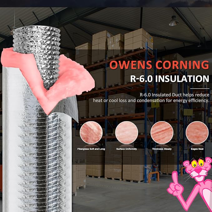 12 Inch Insulated Flexible Duct, 25 Feet Aluminum Hose, R6.0 Air Flexible Duct Hose, 10'' x 25' Long, for HVAC Ductwork