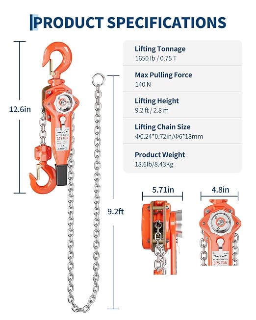 1.5 Ton (3300 LBS) Manual Lever Chain Hoist, 10 ft Heavy Duty G80 Galvanized Steel Come Along with Double-Pawl Brake & 360° Rotating Hooks for Garage Warehouse Construction Factory