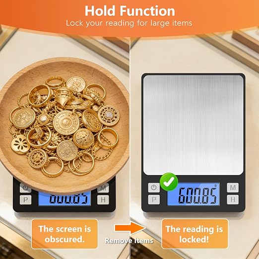 BOMATA 0.01g High Precision Jewelry Scale, 1000g Digital Gram Scale with Hold, Tare & Counting Function, Small & Portable Design for Gold, Bullion, Coins, Gemstones & Crafts, Black