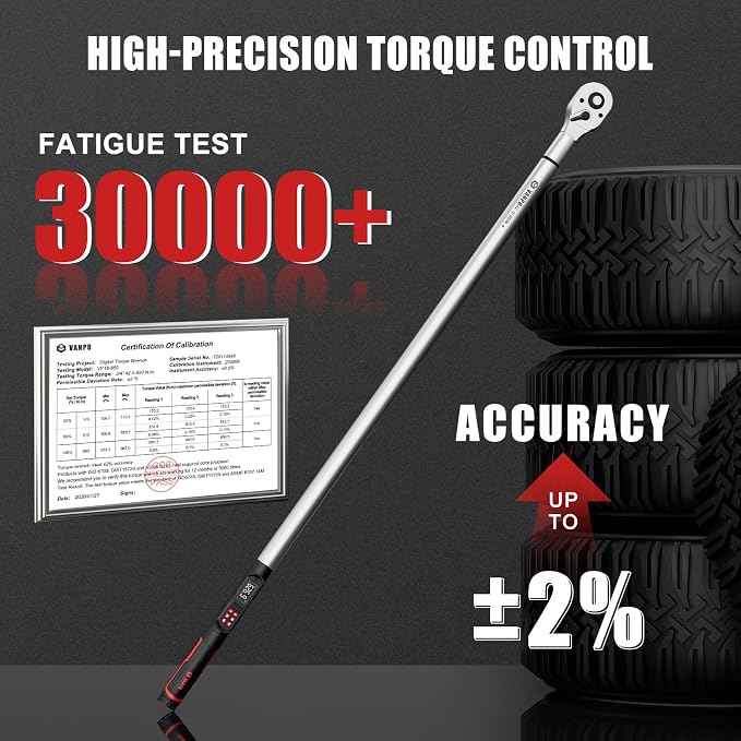 VANPO Digital Torque Wrench 3/4-Inch 31–627 ft-lb for Heavy Equipment | ±2% Accuracy, Electronic Torque Wrench with LED, Buzzer, Vibration Alert for Heavy Truck, Industrial Equipment & Agricultural