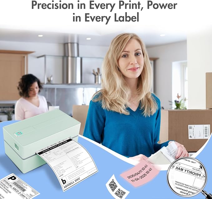 Bluetooth Thermal Shipping Label Printer: 4x6 Wireless Label Maker with Tape for Small Business - Compatible with iPhone, Android, Windows & Mac, Widely Used for USPS UPS Amazon Shopify, Green