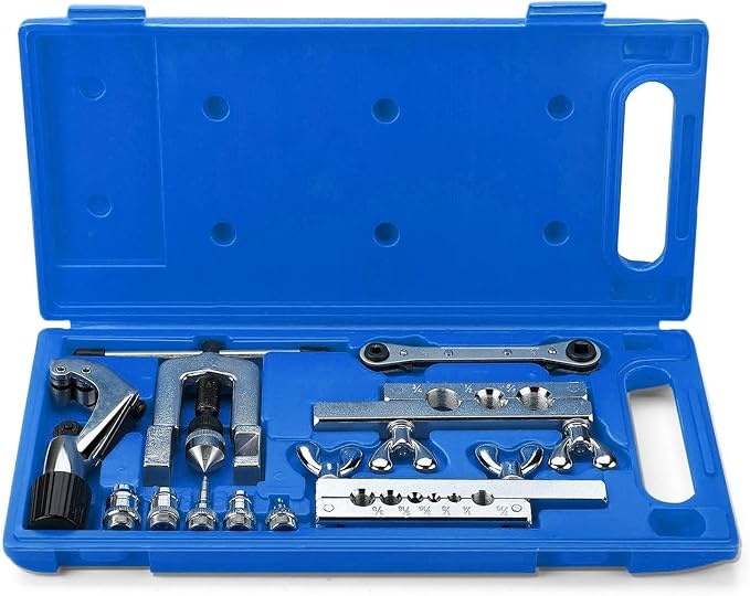 Flexzion Flaring Swaging Tool Kit - 45 Degree Brake Line Tubing Copper Brass Aluminum Mild Steel Extrusion 1/8 to 3/4 inch for HVAC Water Gas Pipe Automotive Plumbing W/Tube Cutter & Portable Case