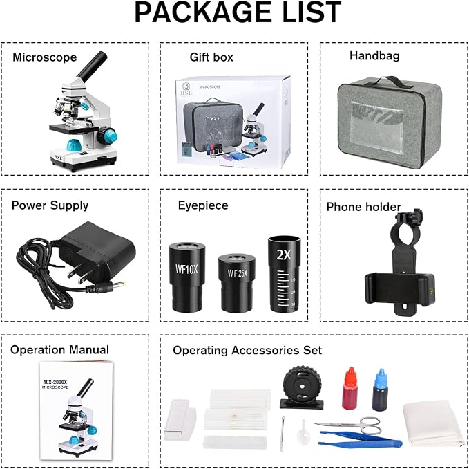 HSL 40X-2000X Monocular Compound Microscope Kit for Students Adults,Dual LED Powerful Biological Microscopes Set for Laboratory School Education Science Beginner 1000x 2000x