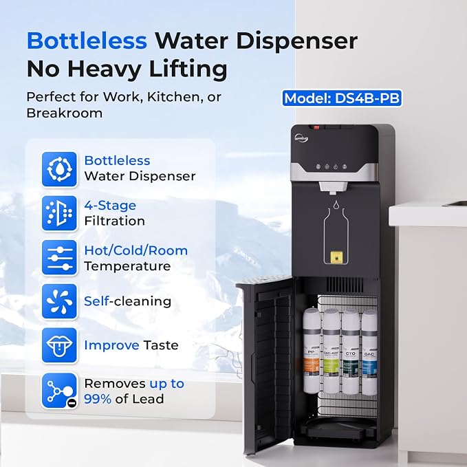 iSpring Bottleless Water Dispenser with 4-Stage Filtration, SGS-Tested 99% of Lead Removal, Water Cooler Dispenser - Hot, Cold, Room Temp, Self Cleaning, Black, Model: DS4B-PB