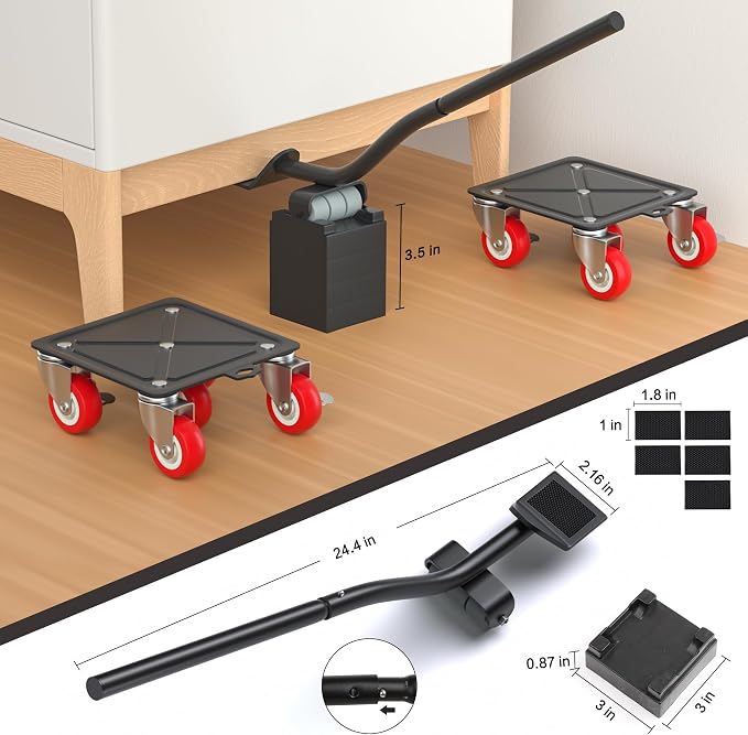 Heavy Duty Furniture Dolly with 5 Wheels, 3300 lbs Load Capacity for Easy Moving and Storage, Furniture Lift Mover Tool Set Perfect for Heavy Home or Office - Made of Premium Carbon Steel(4 Packs)