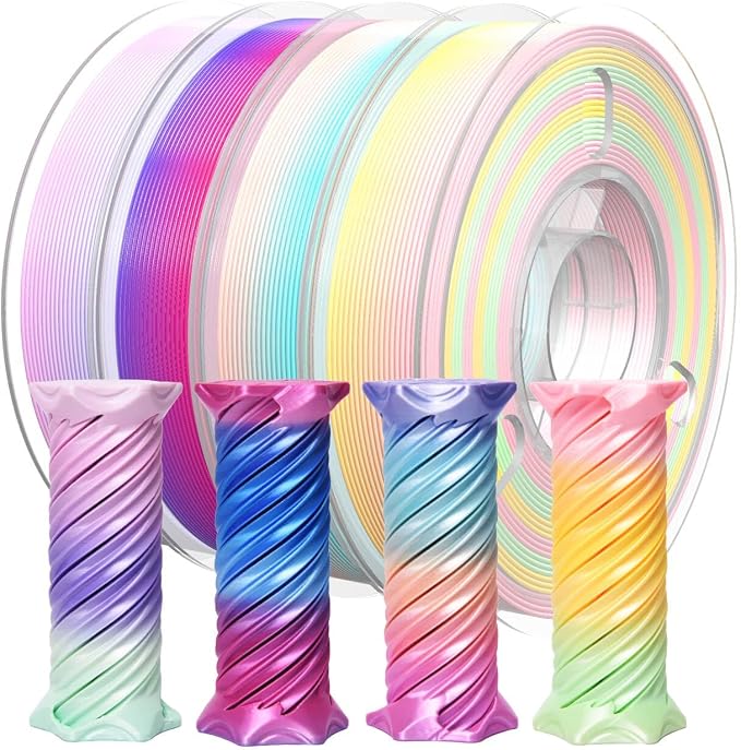PINBALL 500gx4 Silk Rainbow PLA 3D Printer Filament 1.75mm, Shiny Multi-Color Changing Filament 3D Printing Filament Dimensional Accuracy +/- 0.02mm, 500g*4 Spools