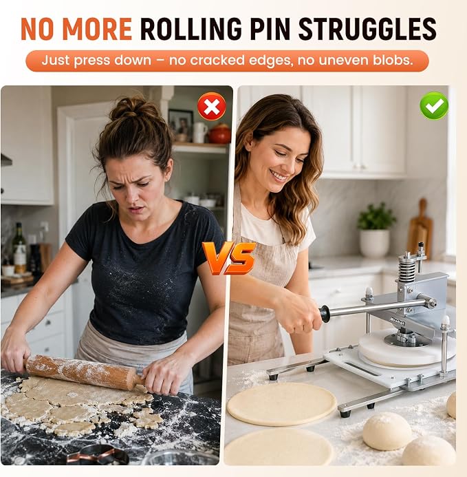 Newhai Manual Pizza Dough Press Machine 9.8" Stainless Steel Dough Sheeter Pastry Pizza Bread Press Forming Processor with Parchment Papers for Bakery Home Restaurant Use