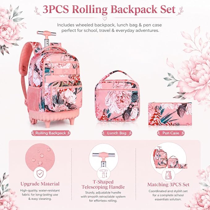 3Pcs Rolling Backpack for Girls Women, Travel Roller Backpacks with Wheels for Adults, Teens College Folwer Wheeled Bookbag with Lunch Box(Pink)