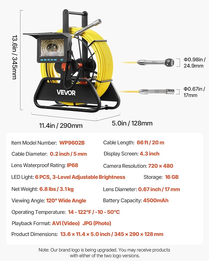 VEVOR Sewer Camera, 66 ft/20m, 4.3" Drain Inspection Camera, IP68 Waterproof Snake Plumbing Camera with Lights - 6 Adjustable LEDs, 4500mAh Battery & 16GB Card for Sewer Line Duct Pipes