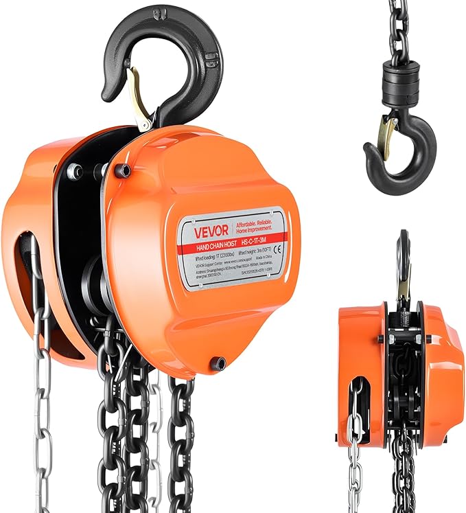 VEVOR Hand Chain Hoist, 1 Ton 2200 lbs Capacity, Manual Chain Block with Upgrade G80 Galvanized Chain, 10 ft Lifting Height, Heavy Duty Pulley Hoist for Garage Warehouse Automotive Machinery, Orange