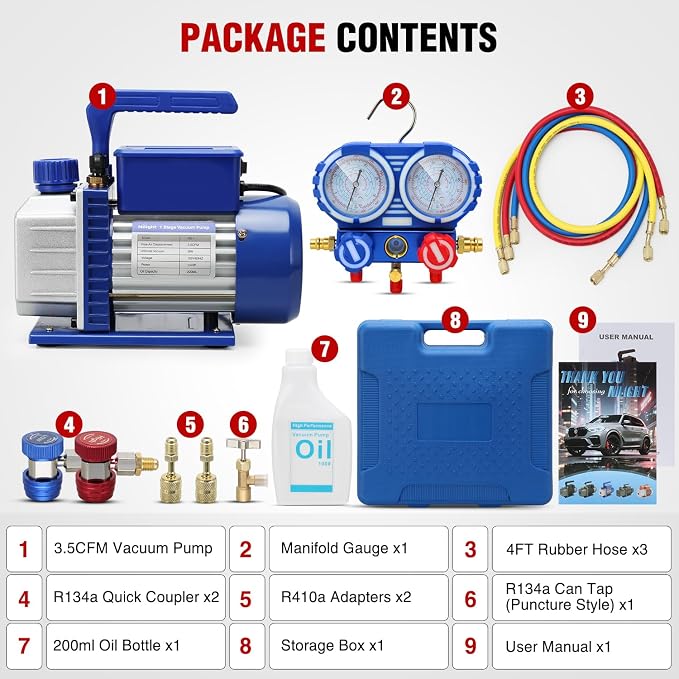 Nilight AC Vacuum Pump and Gauge Set, 3.5 CFM 1/4 HP 110V Single Stage HVAC Vacuum Pumps & Manifold Gauge Set Kit for R22 R404a R134a R410a, for Auto Air Conditioning Servicing Refrigerant Recharging