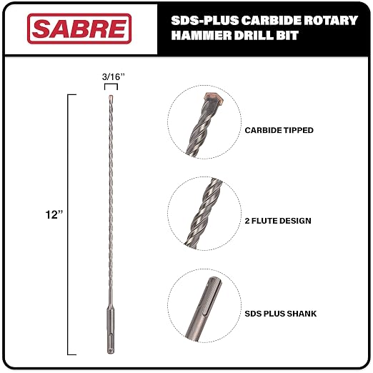 3/16 Inch x 12 Inch SDS Plus Rotary Hammer Drill Bit, Carbide Tipped for Brick, Stone, and Concrete (3/16" x 10" x 12")