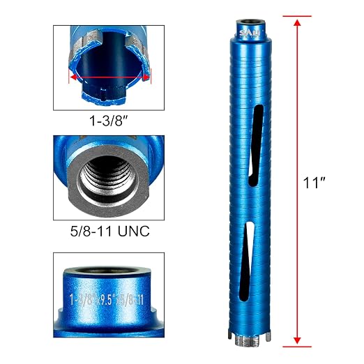 SALI Diamond Core Drill Bits 1 3/8" Diameter 10"/254mm Drilling Depth 5/8-11" Thread Core Bit Turbo Laser-Welded Segments for Cured Concrete with, Brick, Block, Masonry, with Two Adapters