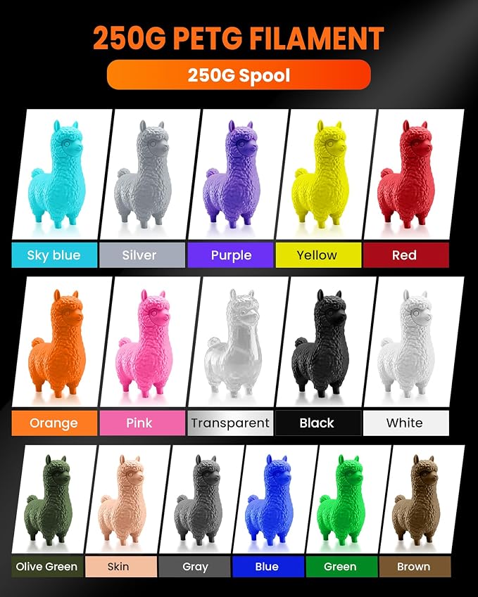 TECBEARS PETG Filament Bundle, 250g/Spool, 16 Color, 4kg in Total, Black+White+Gray+Olive Green+Red+Pink+Orange+Blue+Cyan+Green+Yellow+Beige+Purple+Transparent+Coffee+Sliver