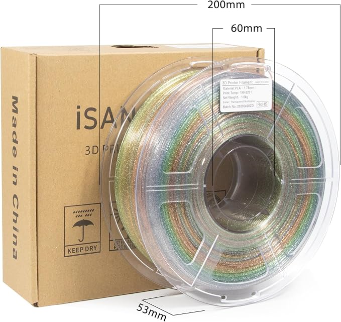 iSANMATE Clear PLA 3D Printer Filament, Transparent Rainbow Glitter Filament, PLA+, 1KG/Spool