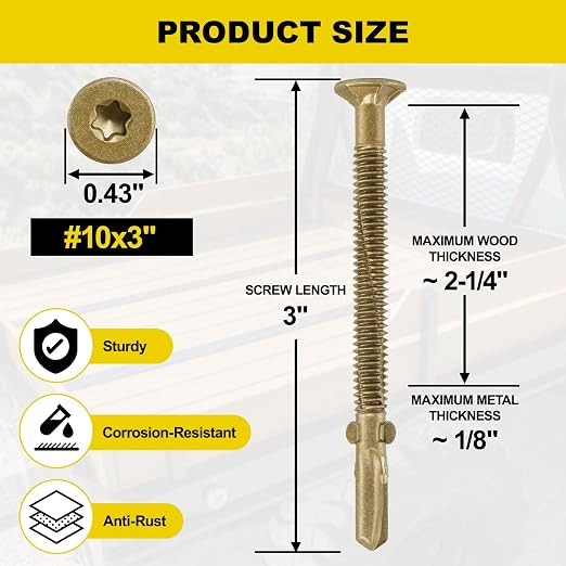 FMhotu #10 x 3 Trailer Deck Screws, Self-Tapping Sheet Wood Metal Screw, 258Pcs T25 Star Bits Reamer Tek Screws for Trailers, for Attaching Wood to Steel