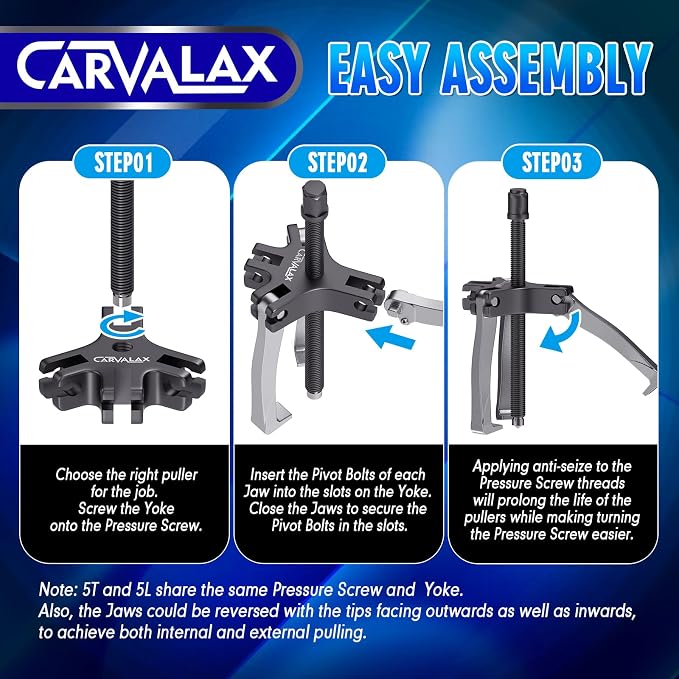 CARVALAX Gear Puller Set, 2T 5T and 5T Wide-Spread - Heavy Duty CR-V Steel 2 & 3 Reversible Jaw Bearing/Pulley Puller – Professional Automotive & Industrial Tool Kit for Mechanics, DIYers
