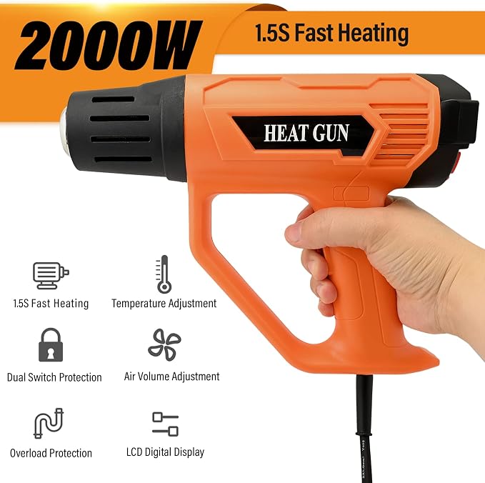 FOSHIO Heat Gun 2000W Hot Air Gun Kit with Large Digital LCD Display Variable Temperature Control 122℉~1202℉（50℃- 650℃）with 4 Nozzles, Overload Protection for Vinyl Wrap, Crafts, Shrink Tubing