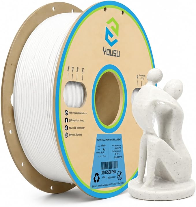 YOUSU Marble White PVB Filament 1.75 mm for 3D Printer & 3D Pen 1 kg (2.2 lbs), Print As Easy as PLA Filament, can be Polished with Alcohol to get Smooth Surface.