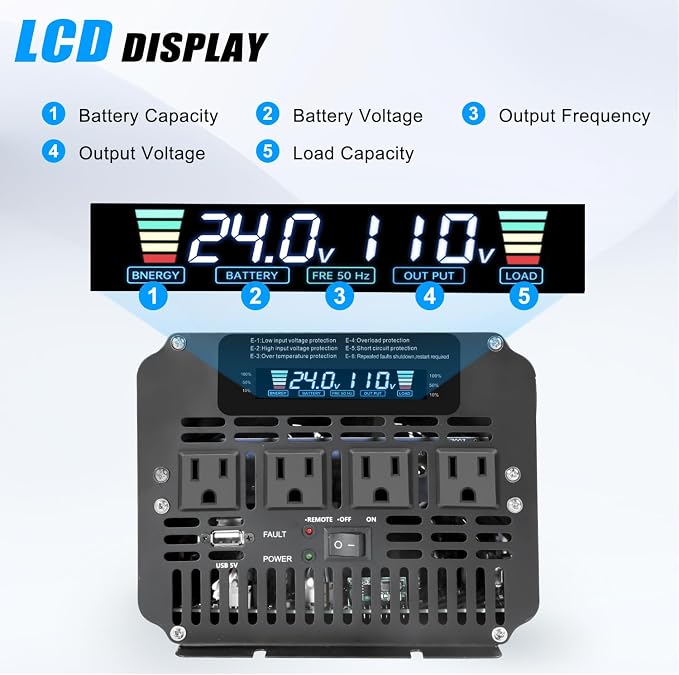 Cantonape 4000 Watt Power Inverter, Car Inverter 24V DC to 110V/120V AC Converter with LCD Display, 4 AC Outlets, USB Port & Remote Controller for RV, Truck, Off-Grid Solar System
