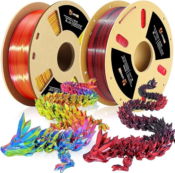 LOVOON Silk PLA 3D Printer Filament Bundle 2 KG, PLA Filament 1.75mm, Shiny Silk Blue/Yellow/Red and Silk Black/Red, Color Changing 3D Printer PLA Filaments, 1KG X 2 Spools